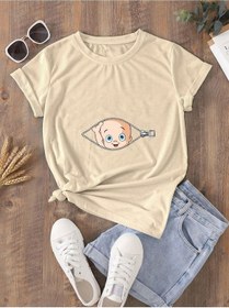 Resim Hamile Gebe T-shirt Bebek Fermuar Baskılı - Vizon Bisiklet Yaka Oversize Tişört 