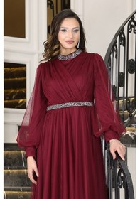 Resim Raika Moda Senna Taş Detaylı Büyük Beden Şık Tesettür Abiye Bordo 