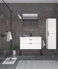 Resim Orka Trio 100 Cm Mdf Çekmeceli Beyaz Ayaklı Banyo Dolabı Takımı Ve Boy Dolabı Beyaz 