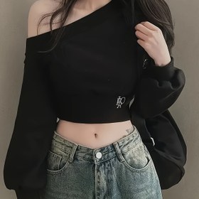 Resim Kadınlar için Y2K Kore Tarzı Omuzdan Düşen Krop Kazak Tişört - Asimetrik Tek Omuzlu Beli Daraltmalı H-Çizgili Siluet, Gri Renkli Puf Kol Üstü ve İlkbahar/Sonbahar İcatları İçin Boğaz Baskılı, İnce Fit Rahat, Kadınlar için Cadılar Bayramı Kostümü 