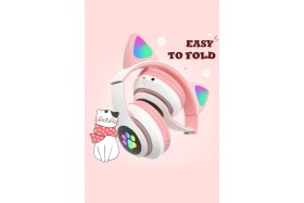 Resim Acl Kedi Kulaklı Bluetooth Kablosuz Renkli Işıklı Rgb Çocuk Oyuncu Kulaklık Hafıza Kartı Aux Girişli Kulak Üstü Kulaklık 