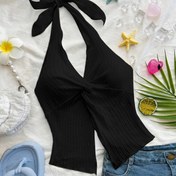 Resim Şık Kadınlar İçin Halter Boyunlu Atlet - Seksi Sırtı Açık Tasarım ile Bağcıklı Detay, Kabartmalı Dokulu, Twist Ön, Rahat ve Şık, Günlük Giyim İçin Uygun, Tüm Mevsimler İçin Uygun | Sırtı Açık Halter | Bağcıklı Detay 