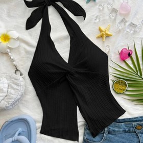 Resim Şık Kadınlar İçin Halter Boyunlu Atlet - Seksi Sırtı Açık Tasarım ile Bağcıklı Detay, Kabartmalı Dokulu, Twist Ön, Rahat ve Şık, Günlük Giyim İçin Uygun, Tüm Mevsimler İçin Uygun | Sırtı Açık Halter | Bağcıklı Detay 