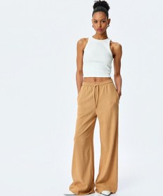 Resim Koton Beli Bağcıklı Dokulu Yüksek Bel Geniş Paça Pantolon Bej 5sak40006uk Ekru 