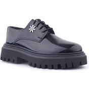 Resim Rakerplus Siyah Rugan Bağcıklı Çiçek Detaylı Oxford Günlük Ayakkabı Siyah 