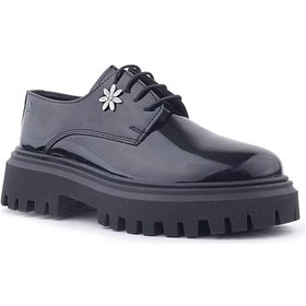 Resim Rakerplus Siyah Rugan Bağcıklı Çiçek Detaylı Oxford Günlük Ayakkabı Siyah 