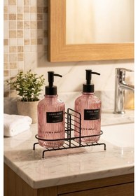 Resim Makri Home Modern Çizgili Yuvarlak Cam Ikili Sıvı Sabunluk & Deterjanlık Seti, Pembe- 500 Ml Cam Sabunluk 