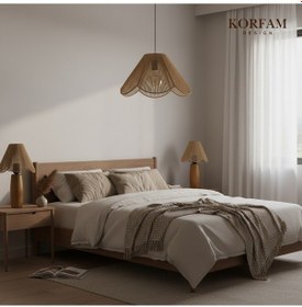 Resim Rosalinda Modeli Avize & Abajur Set - Hasır El Yapımı Bohem Çiçek Şekilli Avize 2 Li Ahşap Ayaklı Rustik Abajur Set Çok Renkli 