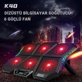 Resim 6 Fanlı Rgb Işıklı Dijital Ekranlı Laptop Soğutucu Stand, 7 Kademeli Yükseklik Ayarlı Süper Soğutucu Stand 