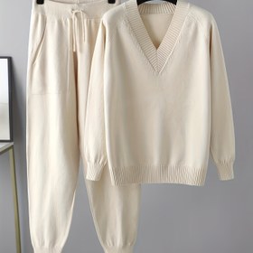 Resim İki Parça Takım, Rahat Düz Renk V Yaka Kazak Uzun Kollu ve Pantolon, Kemer Yok, Normal Kolluk Uzunluğu, Uzun Pantolon 