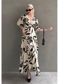 Resim Madmext Ekru Desenli Yarım Kollu Elbise Mg2395 Ekru 