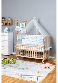 Resim Ahşap Beşik Anne Yanı Beşik Organik 60x120 - Mavi Yıldız 1 Yastıklı Uyku Seti + Yataklı + Tekerlekli Ahşap 