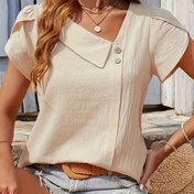 Resim Kadınların Asimetrik Yaka, Kısa Kollu ve Düğme Detaylı Yazlık Üstü - Beyaz Polyester, Tatil Stili İçin Mükemmel, Rahat Yazlık Üst|Asimetrik Yaka Üst|Polyester Kumaş 