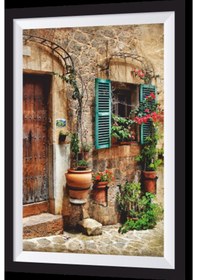 Resim mavi panjurlu sanatsal çerçeve görünümlü ahşap tablo 