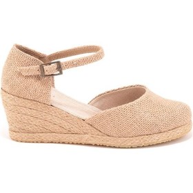 Resim Star Tombis Gerçek Elişi Topuğu Kapalı Bilekten Bantlı Keten Espadril Dolgu Topuk Handmade Hasır 