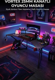 Resim Karr Gaming Vortex 25mm Kanatlı Oyuncu Masası | Siyah Karbon Fiber Kaplama | Raflı Oyuncu Masası 
