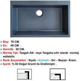 Resim Öztaş ÖZ-78a Granit Mutfak Eviye Antrasit Tek Gözlü 50 x 78 CM 