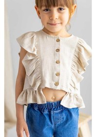 Resim Oliventhekid Bej Naturel Keten Önden Düğmeli Kolları Ve Beli Fırfırlı Kız Çocuk Bluz Bej Bej 