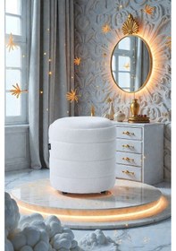 Resim Lüks Cnc Çizgili Yuvarlak Puf Makyaj Masası Pufu Dekoratif Ayak Uzatma Kırık Beyaz Model Kırık Beyaz 