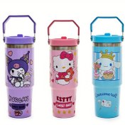Resim Sanrio Hello Kitty Kuromi Kedi Yalıtımlı Termos Bardak - 30oz/900ml Büyük Kapasiteli Paslanmaz Çelik Samanlı, Sızdırmaz Taşınabilir El Tipi Seyahat, Spor, Fitness için | Sevimli Cinnamoroll ve Kuromi Kedi Desenli Vakumlu Araba Kupası, Her Sanrio Hayranı İçin İdeal Hediye veya Kamp Seçeneği 