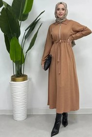 Resim Tesettür Diyarı Fitilli Örme Kumaş Fermuar Detaylı Tesettür Elbise-Camel 