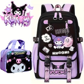 Resim Sanrio Kuromi Dizüstü Çanta Gençler ve Yetişkinler için. Çoklu bölmeler, USB montaj delikleri, dayanıklı naylon ile birlikte ücretsiz bir öğle yemeği çantası içerir, okul, kolej, seyahat için uygundur 