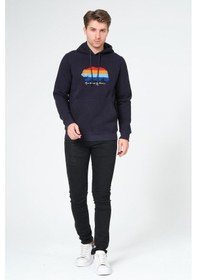 Resim Süzene Nakış Ayı Baskılı Kapüşonlu Mavi Sweatshirt Polarlı Çok Renkli 