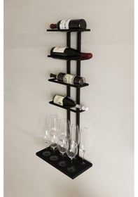 Resim Aju Şaraplık Ve Kadeh Rafı Duvara Monte Şarap Mahseni Modern Duvar Alkol Rafı Metal Ve Ahşap Tasarım Siyah 