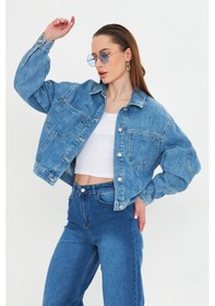 Resim Mavi Yıkamalı Oversize Denim / Kot Ceket Orta Mavi 