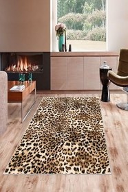 Resim Pelangi Kahverengi Leopar Desenli Yıkanabilir Kaymaz Taban Leke Tutmaz Modern Salon Halısı ve Yolluk, Leopar 80 x 50 