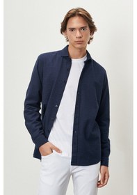 Resim AC&Co / Altınyıldız Classics Erkek Lacı Slim Fit Dar Kesim İtalyan Yaka %100 Pamuk Gofre Gömlek Lacı Lacivert 