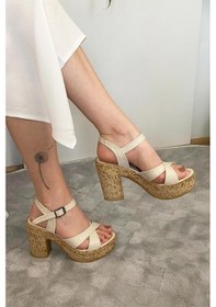 Resim Preshley Kadın Leina Bej Çapraz Bant 10 Cm Platfom Topuklu Mantar Taban Ayakkabı & Sandalet K-800 Bej 