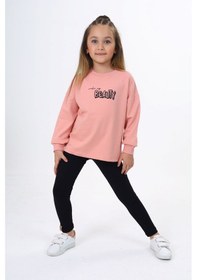 Resim Toontoy Kids Toontoy Kız Çocuk 2'li Takım Baskılı Bisiklet Yaka Sweatshirt & Basic Düz Tayt Mercan 