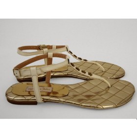 Resim Düz Taban Beyaz-altın Hakiki Deri Kadın Sandalet Beyaz - Altın 