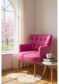 Resim Waterybrook Tekli Berjer Koltuk - Kapitoneli Babyface Kumaş - Ceviz Ahşap Ayaklı - Retro Modern Tasarım Fusya 