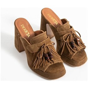Resim Dericia Shoes Summery Hakiki Deri Süet Kadın Yüksek Topuklu Terlik Turuncu 