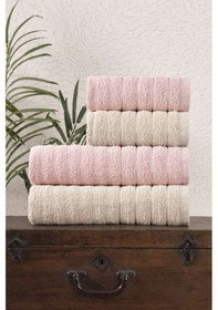 Resim 4 Lü Dalga Serisi Banyo Havlu Seti 70 140 Ve 50 90 Banyo Havlusu Pudra Bej Pudra - Bej 