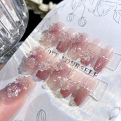 Resim 24 Adet El Yapımı Basınçlı Tırnak, Şık Pembe Gradyan 3D Çiçek & İnci Vurguları, Uzun Kare Şekil, Parlak Bitiş - Kolay Uygulanır, Şık Bir Görünüm İçin Tam Kaplama Sahte Tırnaklar 