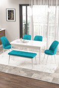 Resim Canisa Concept Zen Serisi 80x132 Mdf Açılabilir Beyaz Masa Takımı 4 Turkuaz Sandalye Ve 1 Bench 