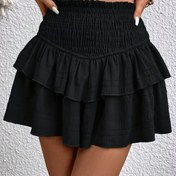 Resim Kadınların Yüksek Beli Katlanabilir Fırfırlı Skort - Elastik Bel Bandı ile Rahat Yazlık Düz Siyah Şort, Rahat Kıyafet için Hafif Polyester, Yazlık Rahat Giyim | Yüksek Bel Skort | Şık Geniş Bacaklı, Yüksek Bel Etek Şortları 