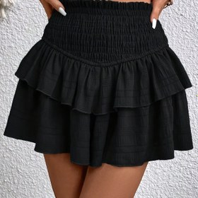 Resim Kadınların Yüksek Beli Katlanabilir Fırfırlı Skort - Elastik Bel Bandı ile Rahat Yazlık Düz Siyah Şort, Rahat Kıyafet için Hafif Polyester, Yazlık Rahat Giyim | Yüksek Bel Skort | Şık Geniş Bacaklı, Yüksek Bel Etek Şortları 