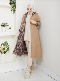 Resim RACE FASHİON Leopar Desenli Bondit Kumaş Beli Lastikli Kapüşonlu Tesettür Trençkot RC1205010 