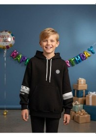 Resim Zekids Erkek Çocuk Kapüşonlu Kolları Şerit Detaylı Sweatshirt-16653 Siyah 