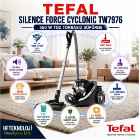 Resim Tefal Force Cyclonic Effitech®; Ultra Sessizlik Seviyesi (Yalnızca 59DB(A) ile Silence Force Cyclonic 550 W Toz Torbasız Süpürge 