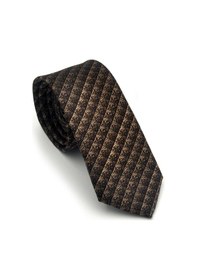 Resim Gaffy Kahverengi Küp Desenli Bej Dokuma Kumaş Mendilli Slim Fit Kravat // Sdk-2605-6 Bej 