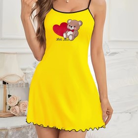 Resim Kadınların Seksi Spagetti Askılı Mini Elbise - Sevimli Karikatür Ayı ve Kalp Baskısı, Yaz için Siyah Kolsuz Bodycon Uyku Giysisi, Bayanlar Gece Dışarı Giyim | Spagetti Askılı Elbise | Polyester Kumaş 