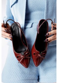 Resim Entela Bordo Sivri Burunlu Fiyonk Detaylı Kısa Topuklu Ayakkabı 001 