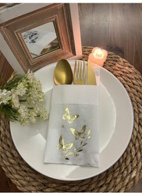 Resim Gold Yaldızlı Beyaz Kelebek Yaprak Detaylı Cepli Kanguru Peçete 12 Adet 