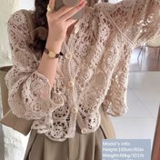 Resim Şık Çiçek Desenli Dantel Örgü Hırka - Hafif 3/4 Kol Yarı Şeffaf Kapama, Makinede Yıkanabilir İlkbahar Yaz Sonbahar Golf & Günlük Giyim H-Line Düz Kesim Düğmeli Ön Kapatmalı Hırka, Mevsimsel Katmanlama Parçası, İnce İşlemeli Açık Örgü 
