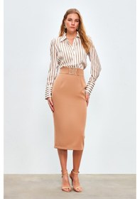 Resim Sateen Aksesuar Detaylı Kalem Etek - Camel 